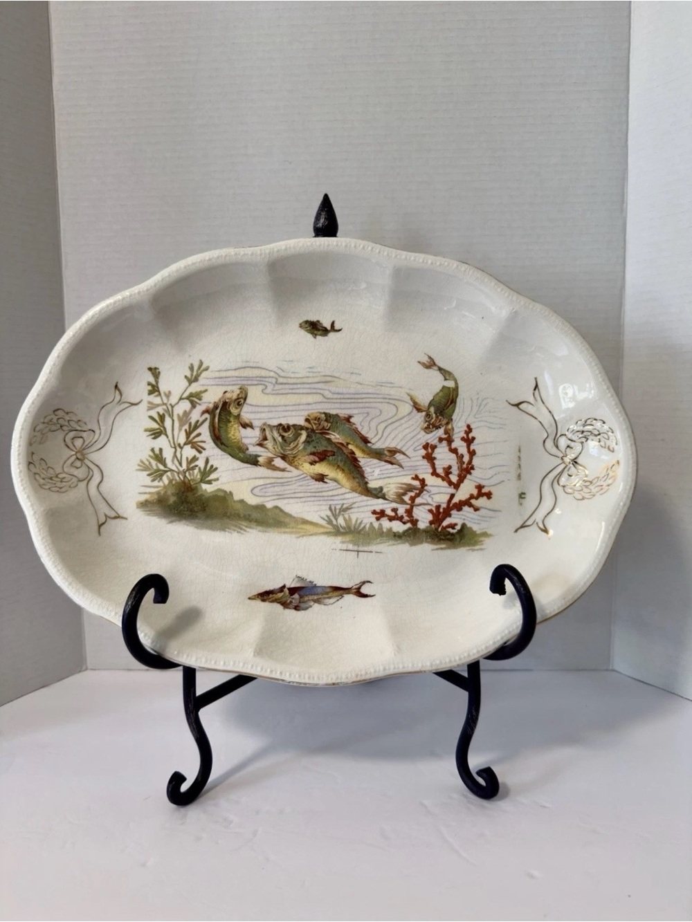 Antique Porcelain Fish Serving Platter Scalloped Gilt Transferware